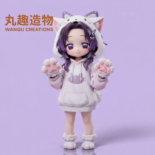 "Adorable Q-version Shinobu Kocho figure by Wan Qu Zao Wu Studio, showcasing charming cat ears, delicate butterflies, and a serene pose."