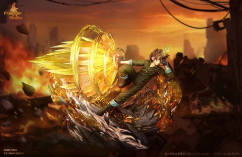 "Limited Edition Sawada Tsunayoshi (X-Burner) statue. Dynamic pose, explosive LED X-Burner, and premium polystone by Freedom Studio."