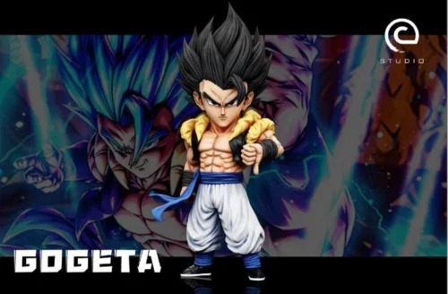 "Premium C-STUDIO Gogeta Multi-Form Dragon Ball statue. Gallery shows interchangeable heads for vibrant transformations, dynamic poses."