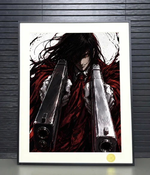 "Dynamic Hellsing Alucard with dual guns in this limited edition premium art print, showcasing intense artistic detail and formidable presence."