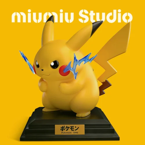 "Limited edition 1/10 Pikachu retro figure playfully integrated with a classic handheld console, celebrating Pokémon's 30th Anniversary."