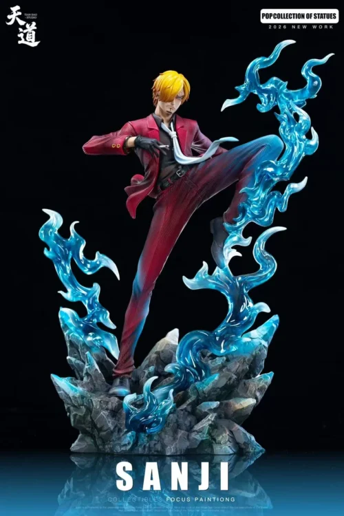 "Limited Edition 'Demon God' Sanji One Piece resin statue by TD Studio, engulfed in dynamic dark energy and fire, an imposing collectible."
