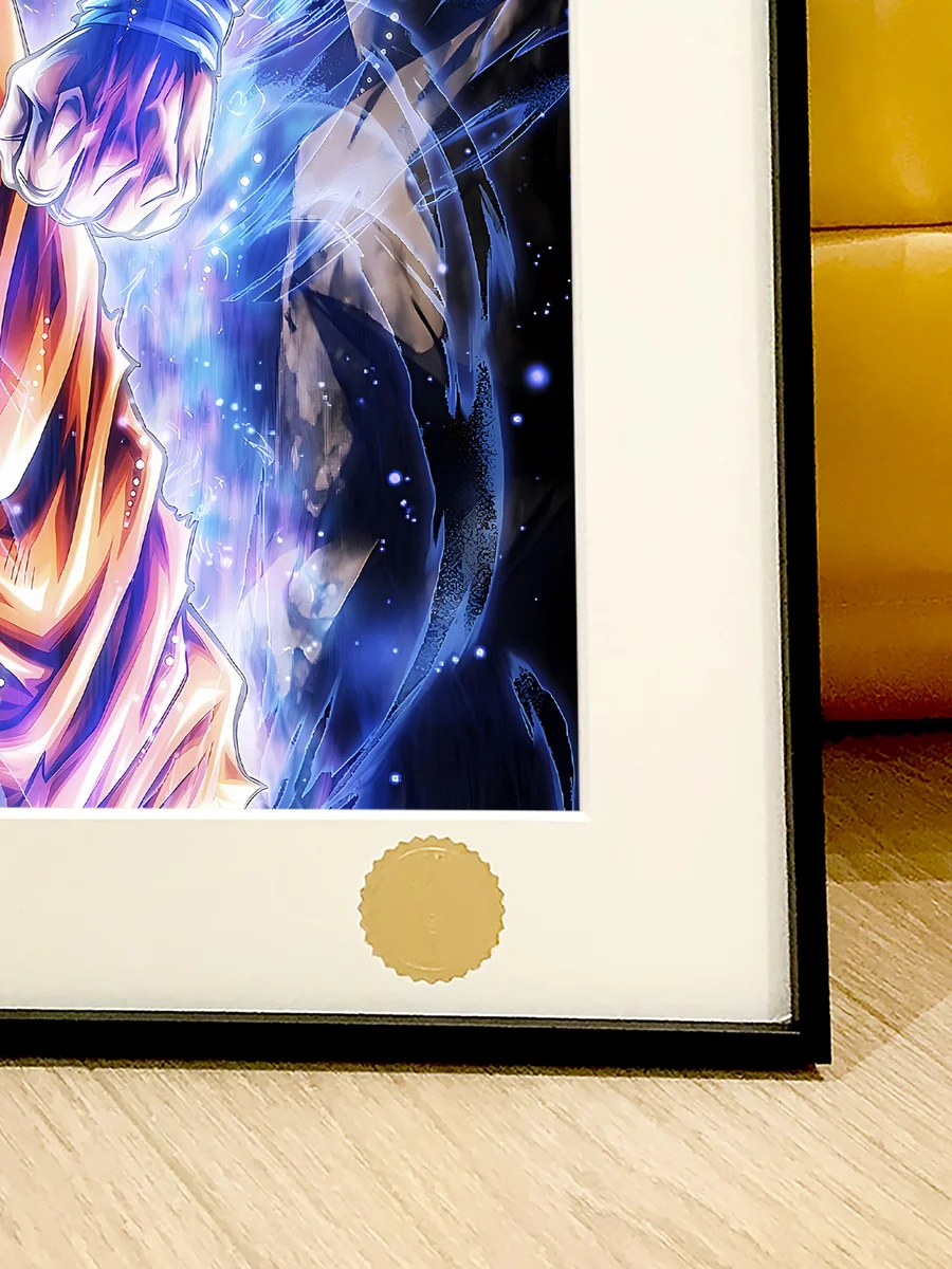 Vibrant Ultra Instinct Son Goku decorative painting, highlighting dynamic cosmic details. An extremely limited, hand-numbered Dragon Ball Super art piece.