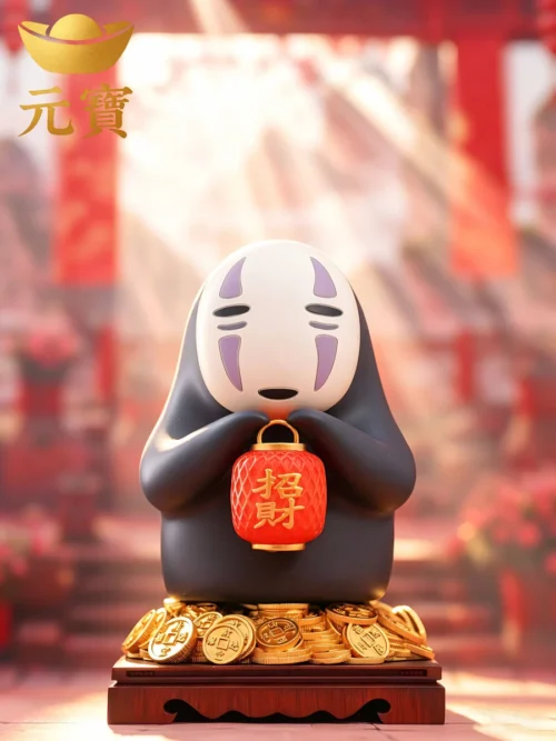 "Playful Lucky No-Face Chibi figure from Spirited Away holding a golden ingot, beautifully illuminated by its integrated LED light, symbolizing good."