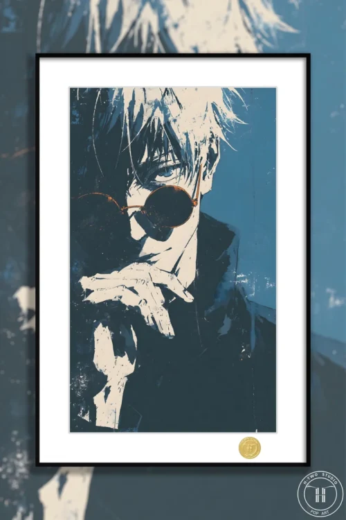 Exclusive limited edition Jujutsu Kaisen art print depicts Gojo in a dynamic, gritty Hong Kong style painting.