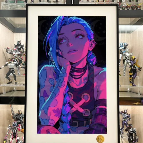 "Premium Jinx in Thought decorative painting details. Shows Jinx's contemplative pose, vibrant starry cosmic backdrop, and hand-numbered print."