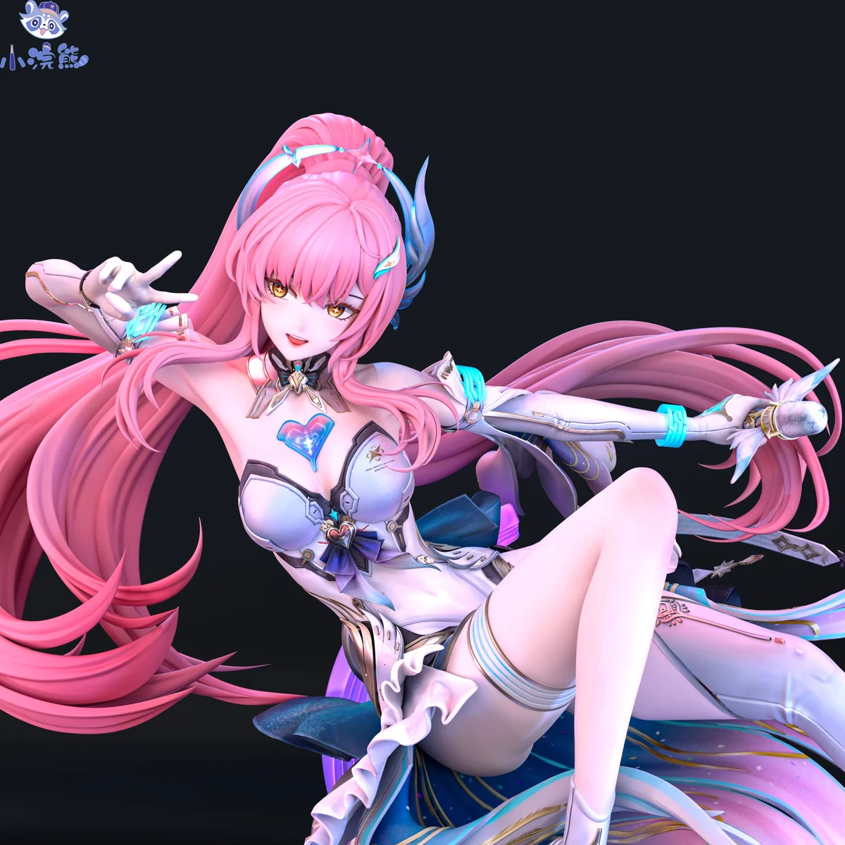 "Limited Edition 1/6 Aimisi Fantasy Resin GK Statue detail by Little Raccoon Studio. Focus on ethereal character's flowing pink hair, dynamic pose."