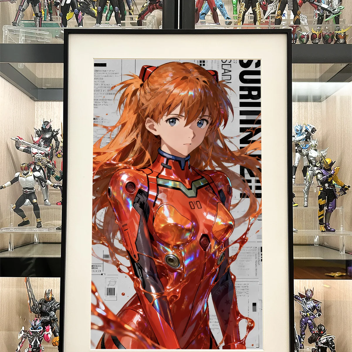 "Premium, hand-numbered, Limited Edition Evangelion Asuka Print. Views show dynamic Asuka, vibrant cosmic background, elegant framed."