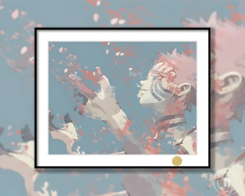 "Captivating Limited Edition Demon Slayer Akaza & Koyuki's Farewell art print, showcasing their emotional bond in this artistic painting."