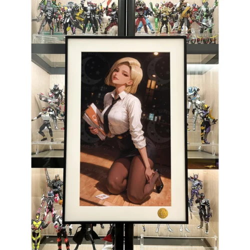 "Ultra-limited, numbered Android 18 Lazuli art print. Elegant secretary attire, cosmic sky, premium Dragon Ball Z details."