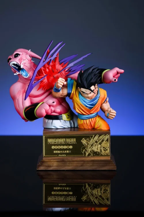"Dynamic 1/8 scale Mystic Gohan vs Majin Buu battle bust statue, capturing an intense Dragon Ball Z moment. A premium, limited edition collectible."