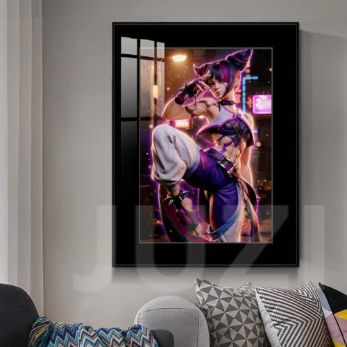 "Vibrant Juri Han Street Fighter cyberpunk painting, a high-definition, fade-proof framed art piece capturing a dynamic futuristic street view."