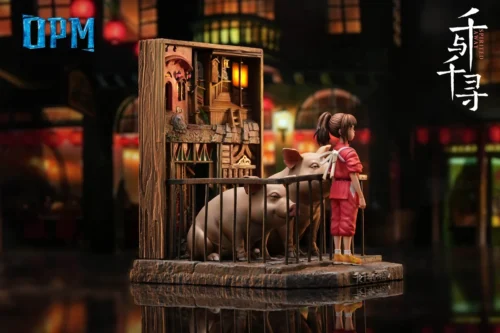 "Limited edition Spirited Away Chihiro & Pigs LED relief art resin statue. Multiple angles reveal intricate details and the light-up base."