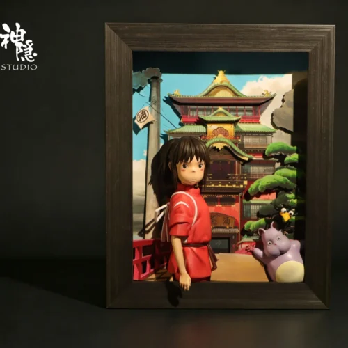 "Chihiro & Bo Spirited Away resin wall art diorama. Detailed views showcase premium sculpting, vibrant colors, and the iconic Ghibli bathhouse scene."