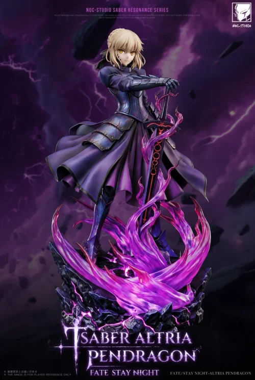"Limited Edition Saber Alter premium resin statue with dramatic dark fantasy pose, dynamic LED base lighting for Fate/Stay Night collectors."