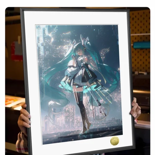 "Captivating close-up of the limited edition Hatsune Miku Future Songstress decorative painting, highlighting its vibrant, dynamic artwork."