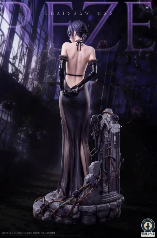"High-detail gallery of 1/6 & 1/4 Reze Chainsaw Man statue. Elegant dynamic pose, intricate sculpting, Reze's longing from every angle."