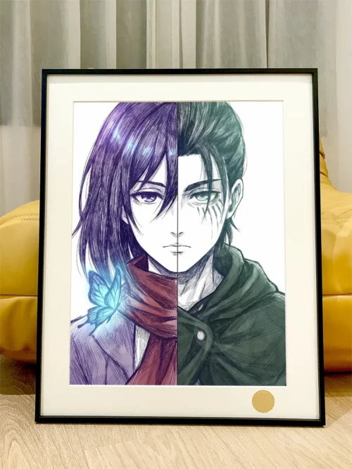"Limited Edition Attack on Titan fine art print showcasing dynamic Mikasa, Eren, and Levi against a breathtaking celestial starry backdrop."