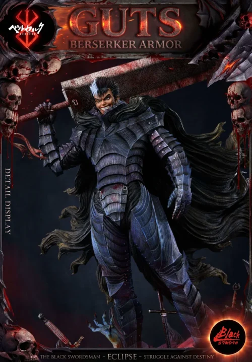 "BLACK Studio 1/6 Berserker Guts Berserk statue gallery. Dynamic armor, various angles, and all iconic interchangeable heads are displayed."