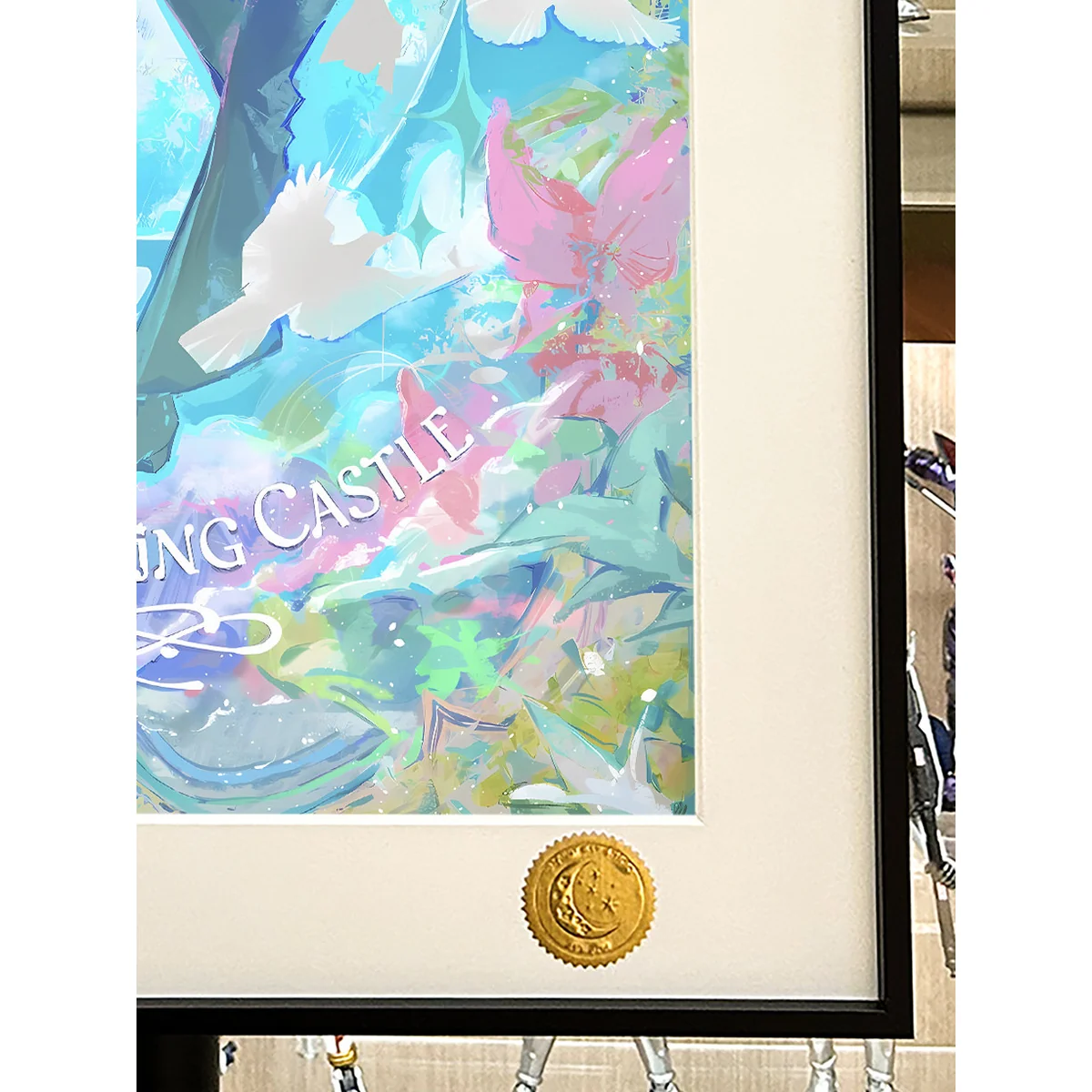 "Exquisite handcrafted details of the limited edition Howl's Moving Castle stained glass art print, capturing its starry sky theme and premium finish.