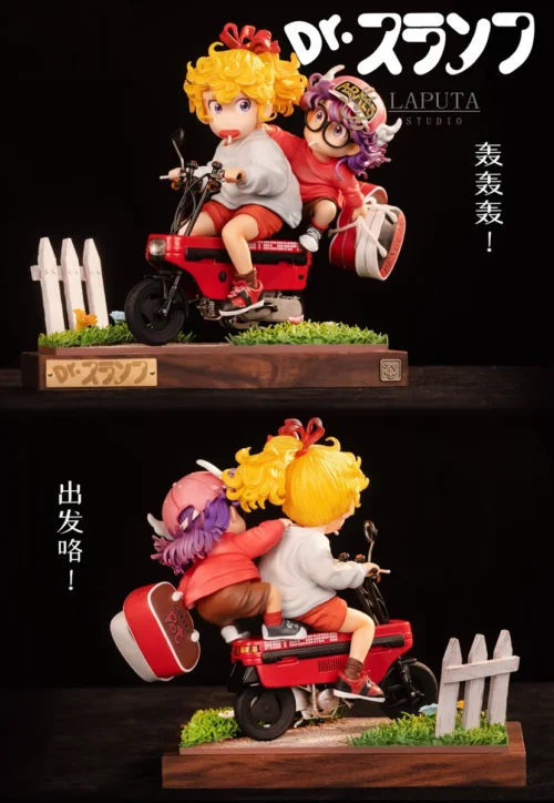 "Premium Dr. Slump Arale & Midori Sensen resin statue diorama. Detailed views reveal exquisite sculpting of the whimsical slice-of-life scene."