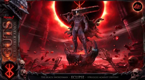 "Dynamic 1/6 Berserker Guts statue from BLACK Studio, showcasing his iconic Berserker Armor with multiple interchangeable heads."