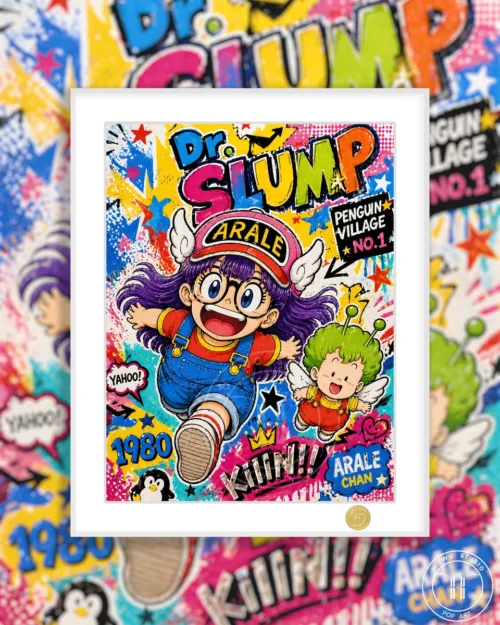 "Vibrant limited edition Arale graffiti art print from Dr. Slump by H-TWO Studio, showcasing bold urban style and iconic character reimagination."