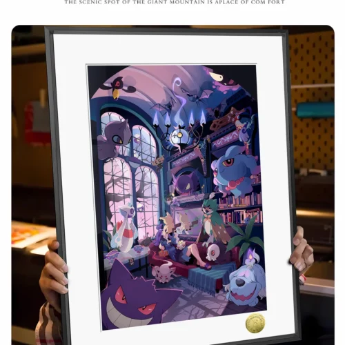 "Close-up of the premium framed limited edition Pokémon Ghost Art Print, showcasing stylized Ghost-type Pokémon in a whimsical spooky house."