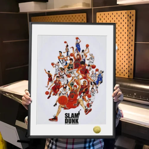 "Limited edition numbered Slam Dunk art print showcasing iconic characters in dynamic basketball action, a premium collectible from Huang Gua Studio."