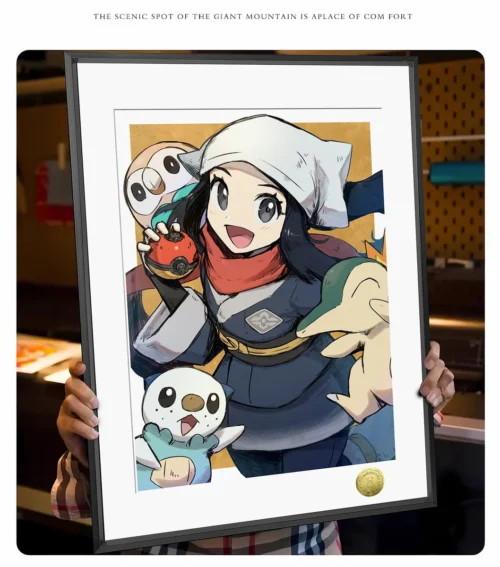 "Vibrant Akari and Hisui Pokémon art print from Pokémon Legends: Arceus. A limited edition, hand-numbered piece, highlighting illustrative details."