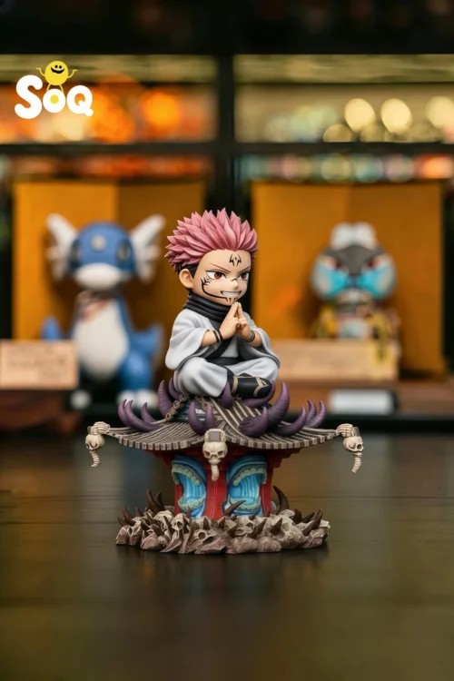 "SOQ Studio Jujutsu Kaisen Ryomen Sukuna Chibi statue. Detailed Q-version Sukuna on Malevolent Shrine, showing premium sculpt from multiple angles."