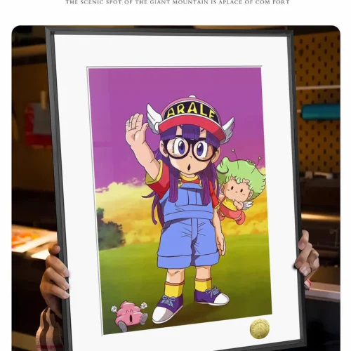 "Vibrant, playful Arale Dr. Slump decorative painting, a premium limited edition art print. Close-up view reveals artistic details and the sleek alloy."