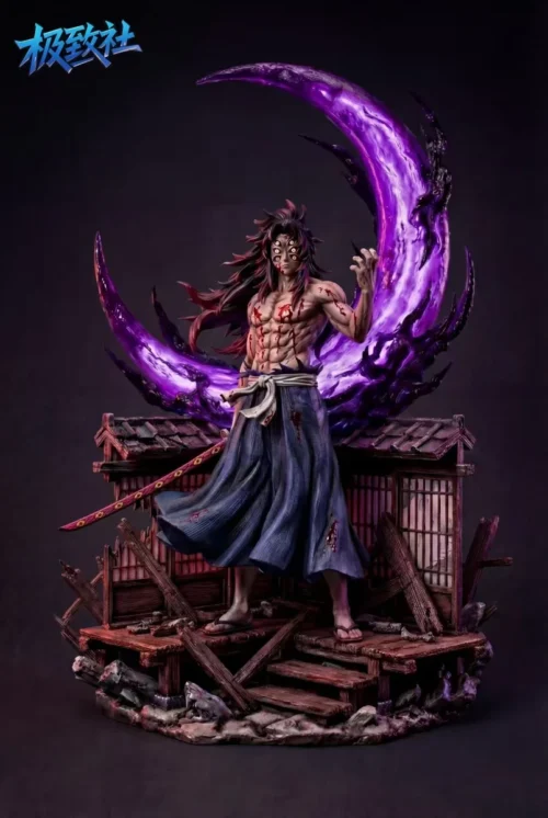 "Premium 1/6 Kokushibo Demon Slayer statue featuring dynamic LED Moon Breathing effects and menacing illuminated eyes on an apocalyptic battlefield."