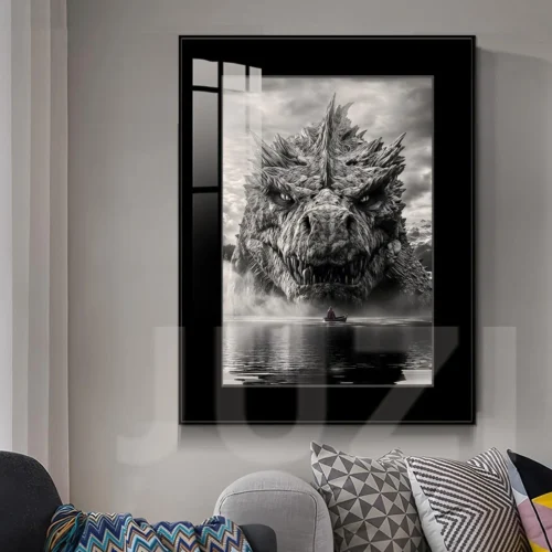 "Godzilla: Lake Shadow decorative painting art print gallery. See the fade-proof, museum-quality Godzilla emerging from a misty lake."