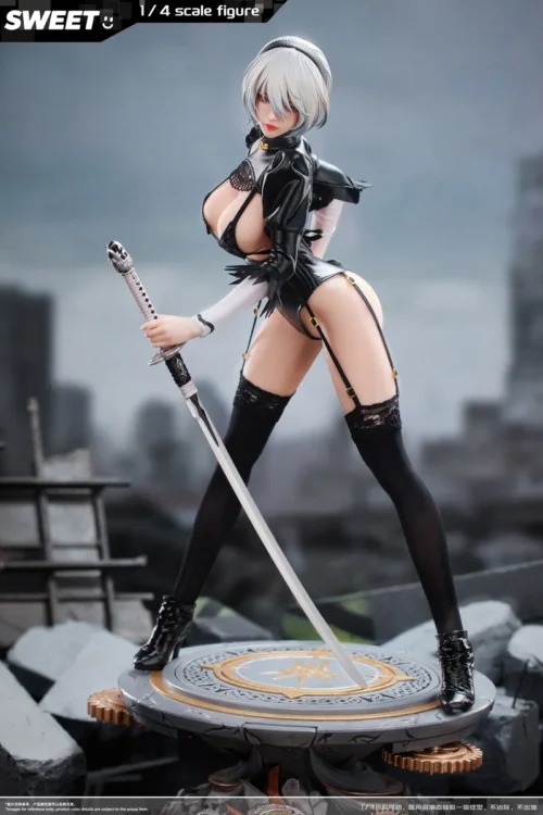 "Detailed gallery views of the 1/4 Nier 2B poseable figure, highlighting its articulated seamless silicone body and exquisite combat-ready sculpted."