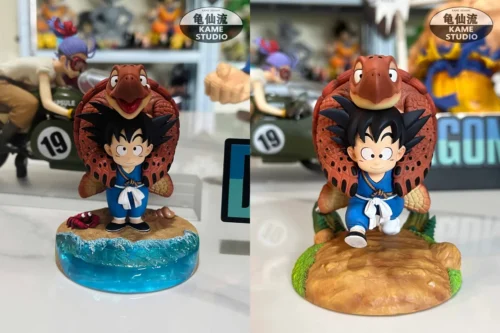 "This iconic Kid Goku Dragon Ball figure depicts young Goku playfully carrying Master Roshi's giant turtle, a nostalgic resin collectible."
