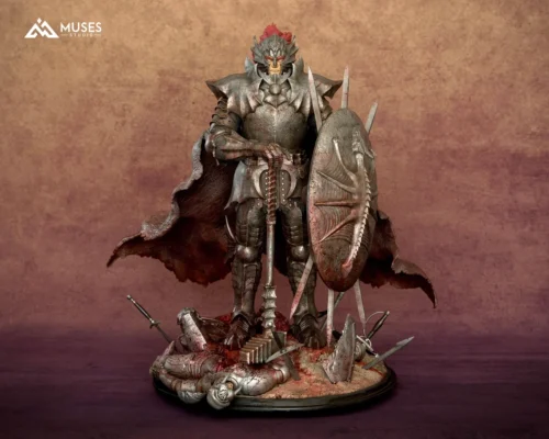 "Dynamic 1/6 Berserk Grunbeld statue with intricate armor, showcasing interchangeable dual head sculpts. This epic dark fantasy warrior stands."
