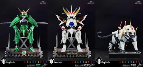 "Limited Edition 1/6 scale Ronin Warriors resin statue by Hokuto Studio, featuring Kagayaki Kami, Komei Kotei, and Kokko Tora in dynamic."