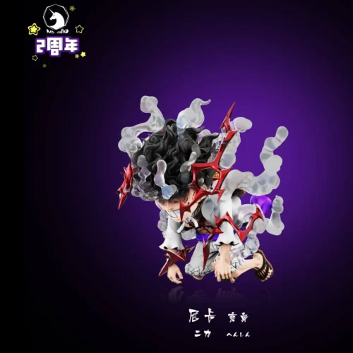 "Main display of a playful WCF Luffy Gear 5 Nika figure, bursting with cartoonish white-hot energy from his iconic One Piece transformation moment."