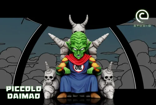 "A premium C-STUDIO Dragon Ball Piccolo figure powerfully enthroned on an intricately detailed Demon King Throne, capturing his iconic menacing."