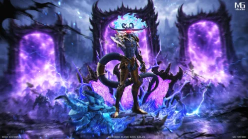 "Imposing Solo Leveling Baran King of a Hundred Flames resin statue with dynamic LED lighting and interchangeable weapons, a premium dark fantasy."