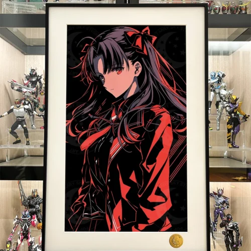 "Starry Red Rin Tohsaka decorative painting. Detailed view of the vibrant red outfit and cosmic starry backdrop. A limited edition, collector-grade Fa