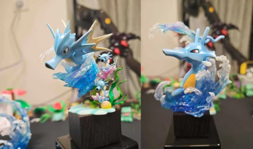 "Experience the complete Horsea, Seadra, Kingdra Pokemon evolution with this premium, dynamic aquatic statue set, featuring vibrant detailed figures."