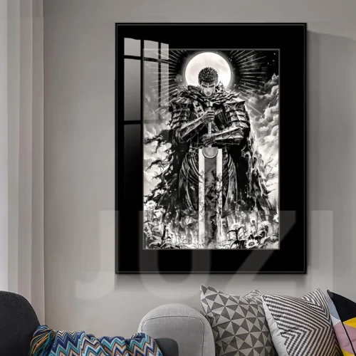 "Premium Berserk Guts decorative painting by JUZI Studio. Dramatic UV print of Guts under moonlight, showcasing fade-resistant colors and the sleek al