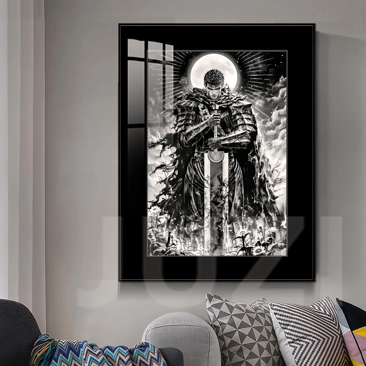 "Premium Berserk Guts decorative painting by JUZI Studio. Dramatic UV print of Guts under moonlight, showcasing fade-resistant colors and the sleek al