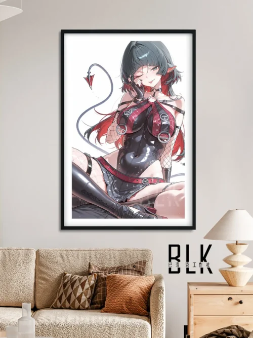 "Gallery views of the elegant Sitting Jane Doe Zenless Zone Zero decorative painting. This premium framed anime art features Baroque-inspired details."