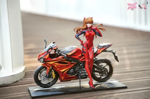 "Dynamic Asuka Motorcycle Figure with revolutionary 2D cel-shaded paint, showcasing dual Asuka figures in a vibrant, artistic LED display."
