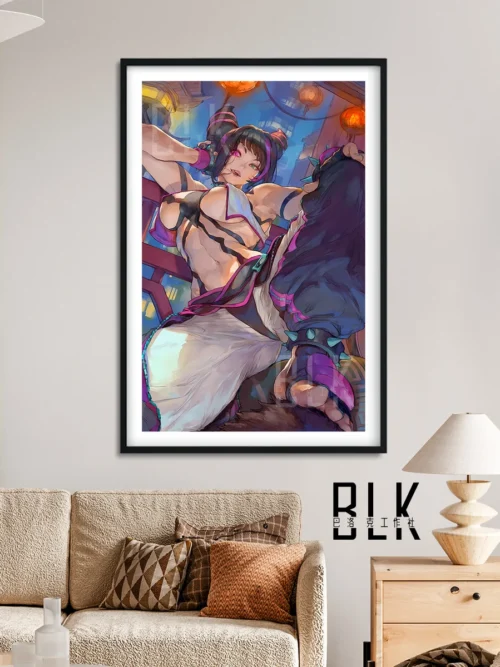 "Product gallery shows the vibrant, high-definition Juri Han decorative painting, highlighting its dynamic Street Fighter anime art and intricate art."