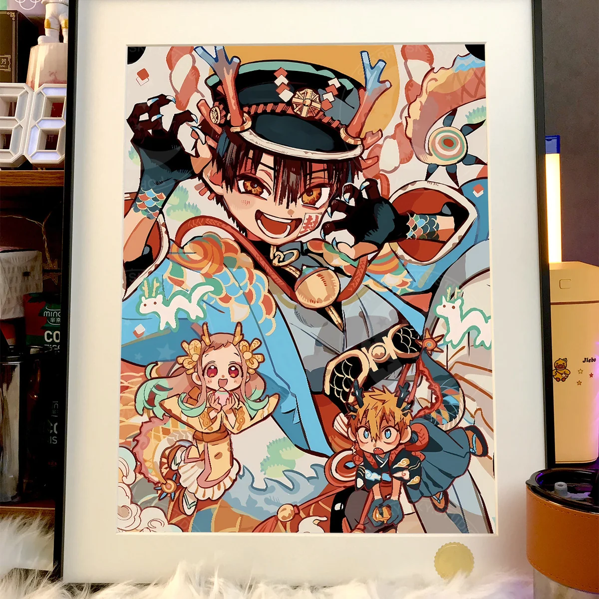 Detailed views of the premium Toilet-bound Hanako-kun Trio print, highlighting vibrant starry colors, intricate details, and unique handwritten number.