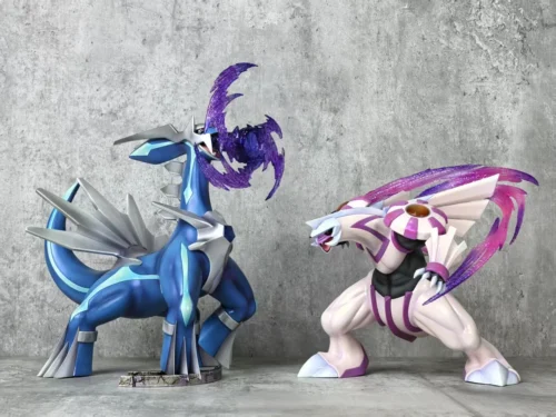 "Premium 1/20 Dialga and Palkia Pokémon statue, capturing the legendary duo in a powerful, dynamic pose, dominating their elements with stunning effect."